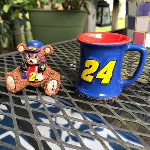 NASCAR #24 Jeff Gordon Resin Bear Figure And Tiny Cup Mug  Each Approx  2” High